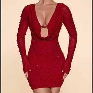 Oh Polly Long Sleeve Deep Plunge Mini Dress in Red